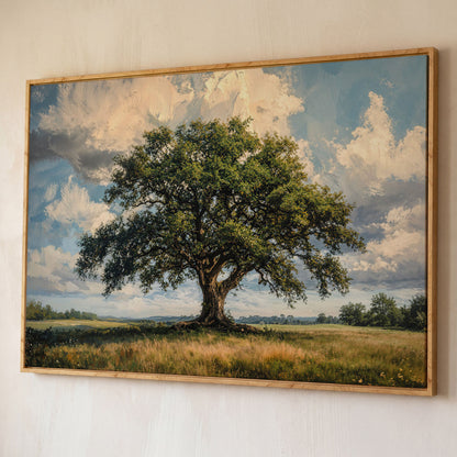 Golden Oak Tree Canvas Print with Olive Sky shown in white oak floating frame