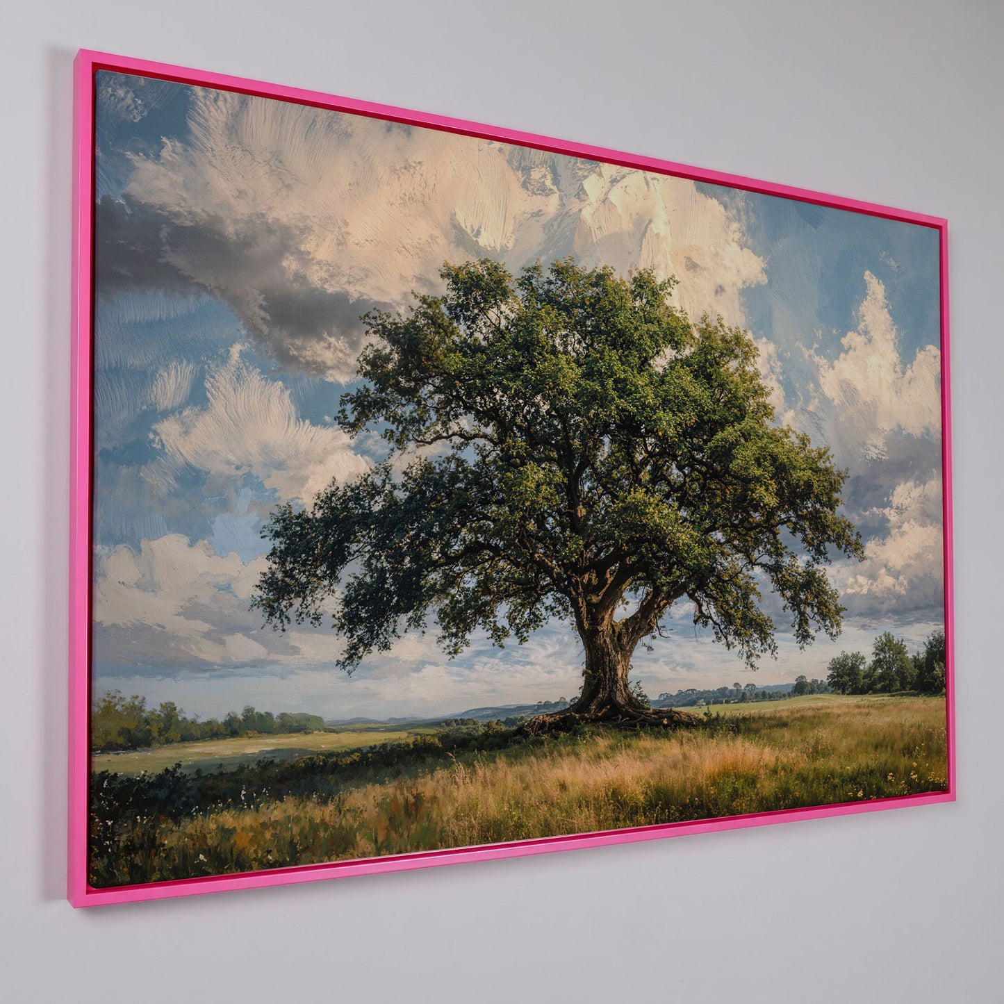 Golden Oak Tree Canvas Print with Olive Sky in pink floating frame