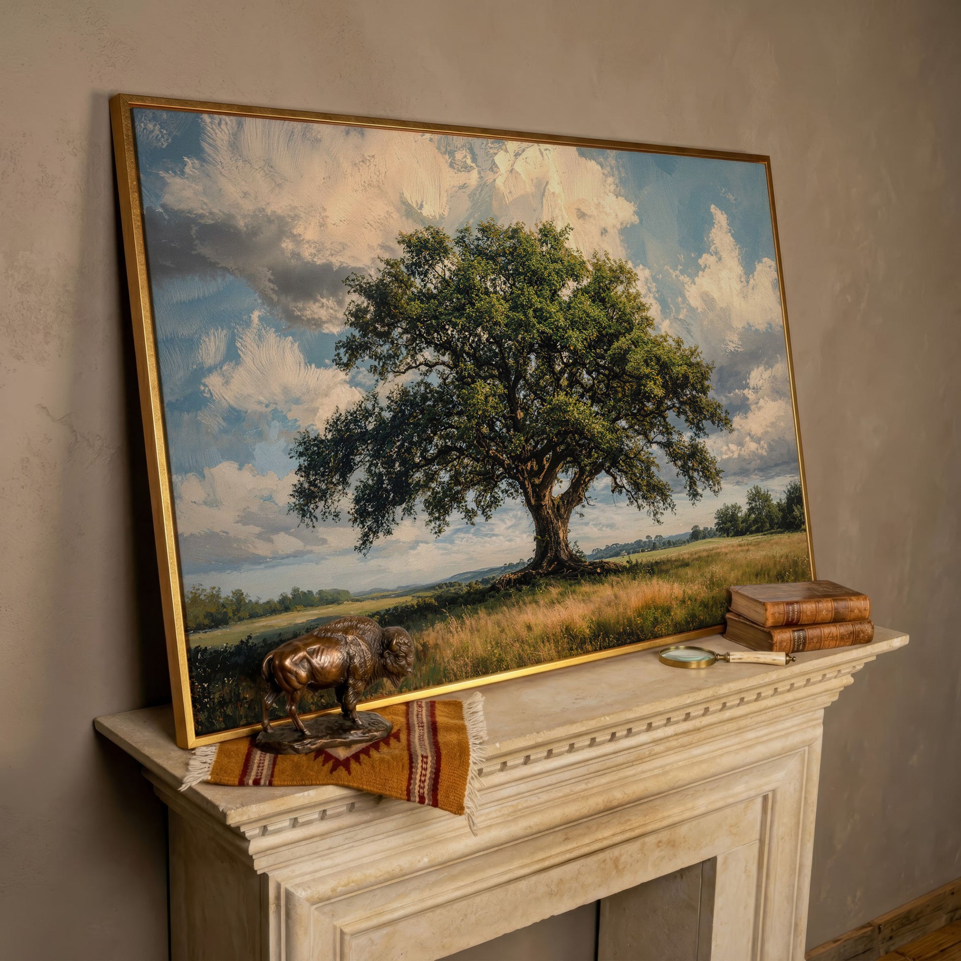 Golden Oak Tree Canvas Print with Olive Sky in rose gold floating frame