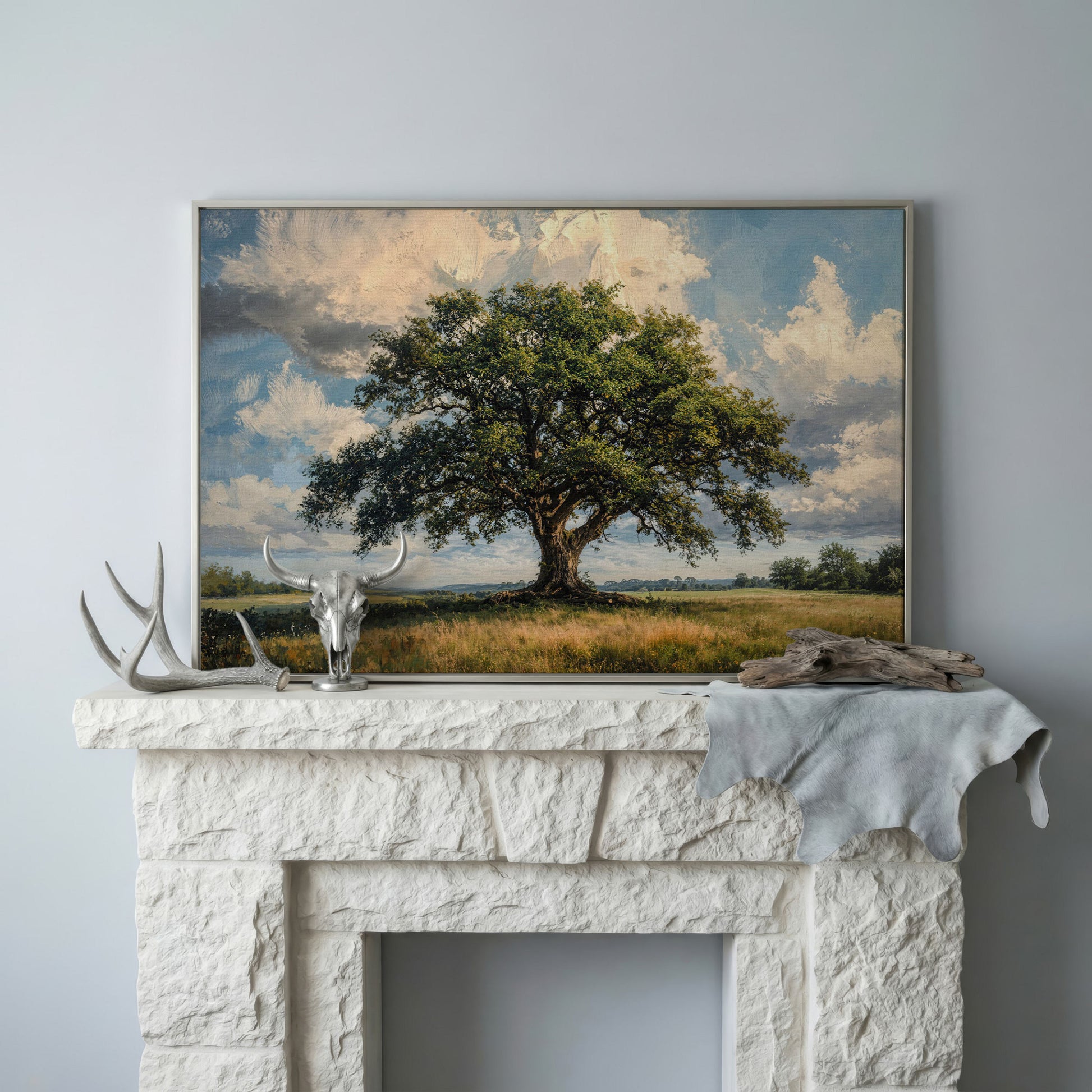 Golden Oak Tree Canvas Print with Olive Sky in silver floating frame