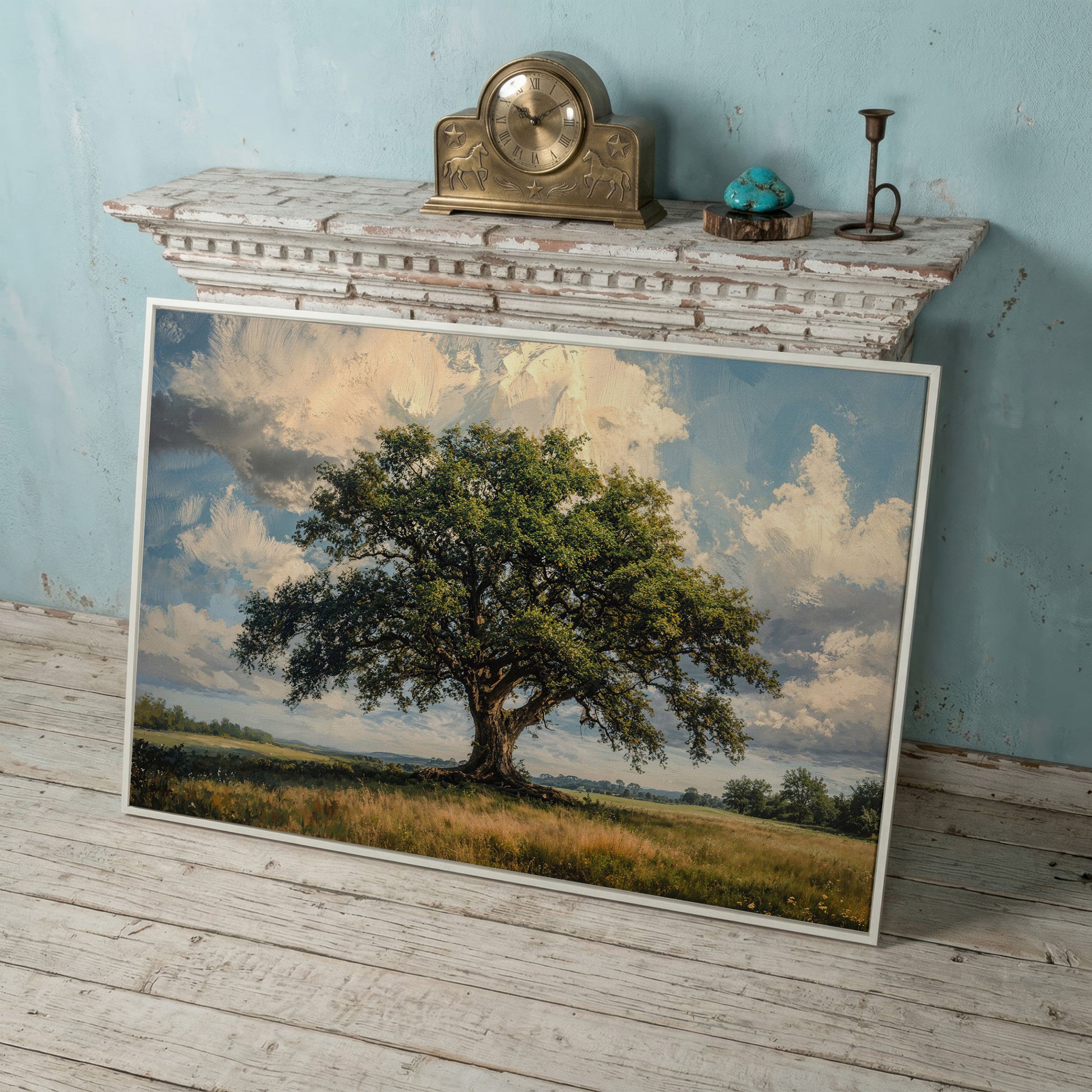 Golden Oak Tree Canvas Print with Olive Sky in white floating frame