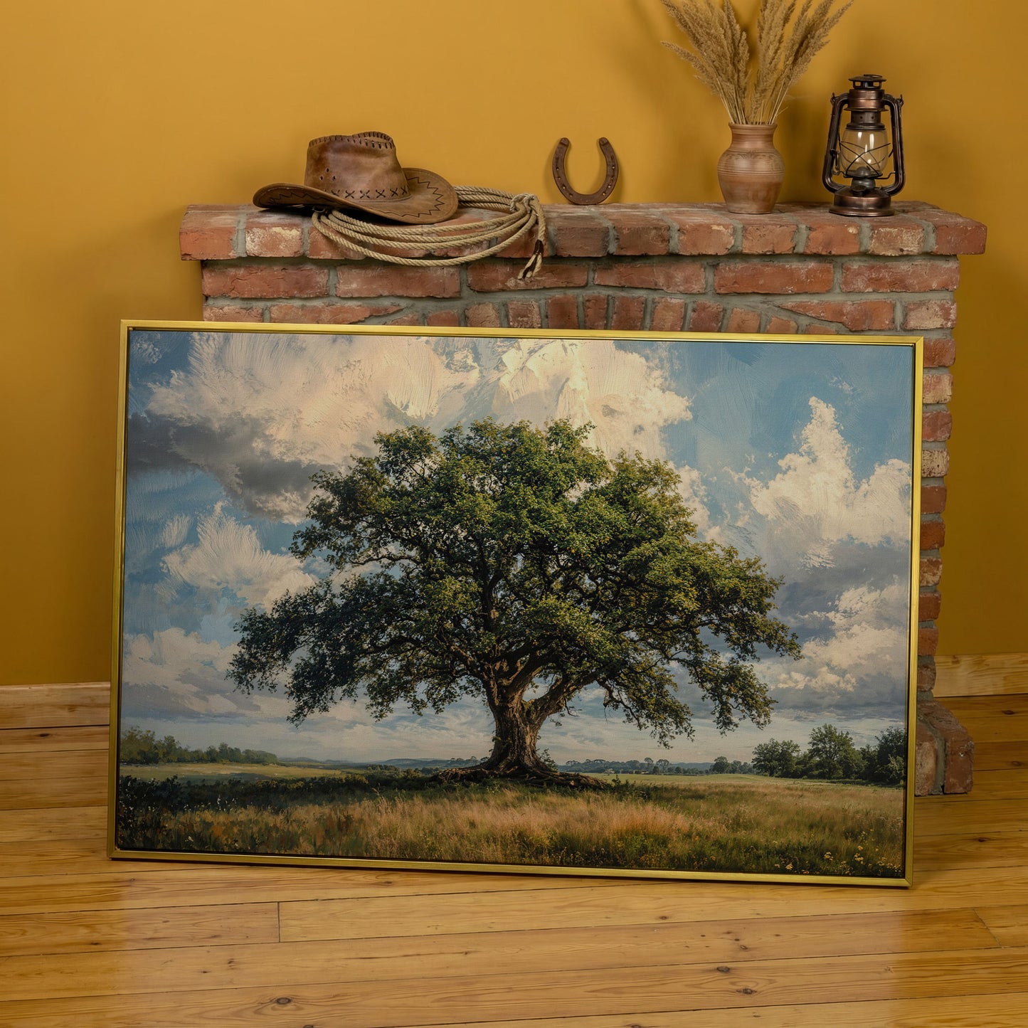 Golden Oak Tree Canvas Print with Olive Sky in yellow gold floating frame