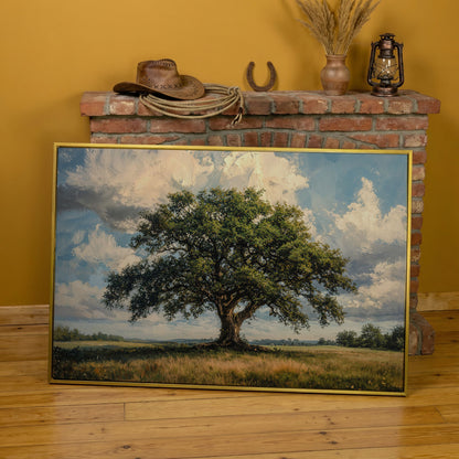 Golden Oak Tree Canvas Print with Olive Sky in yellow gold floating frame