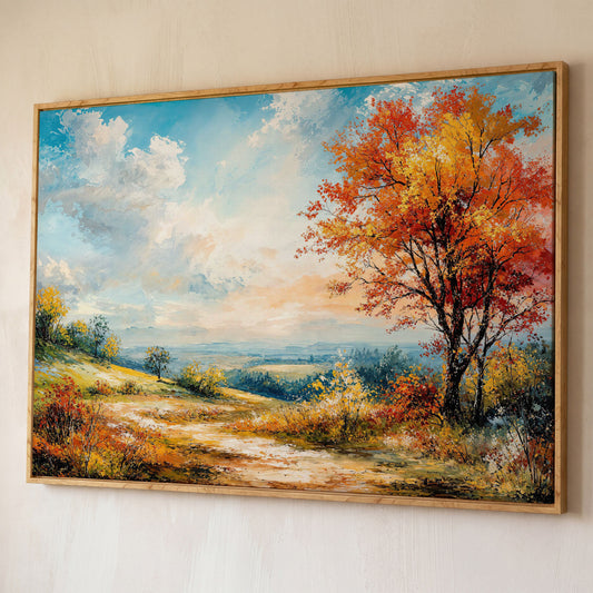 Autumn Hills Canvas Wall Art shown in white oak floating frame
