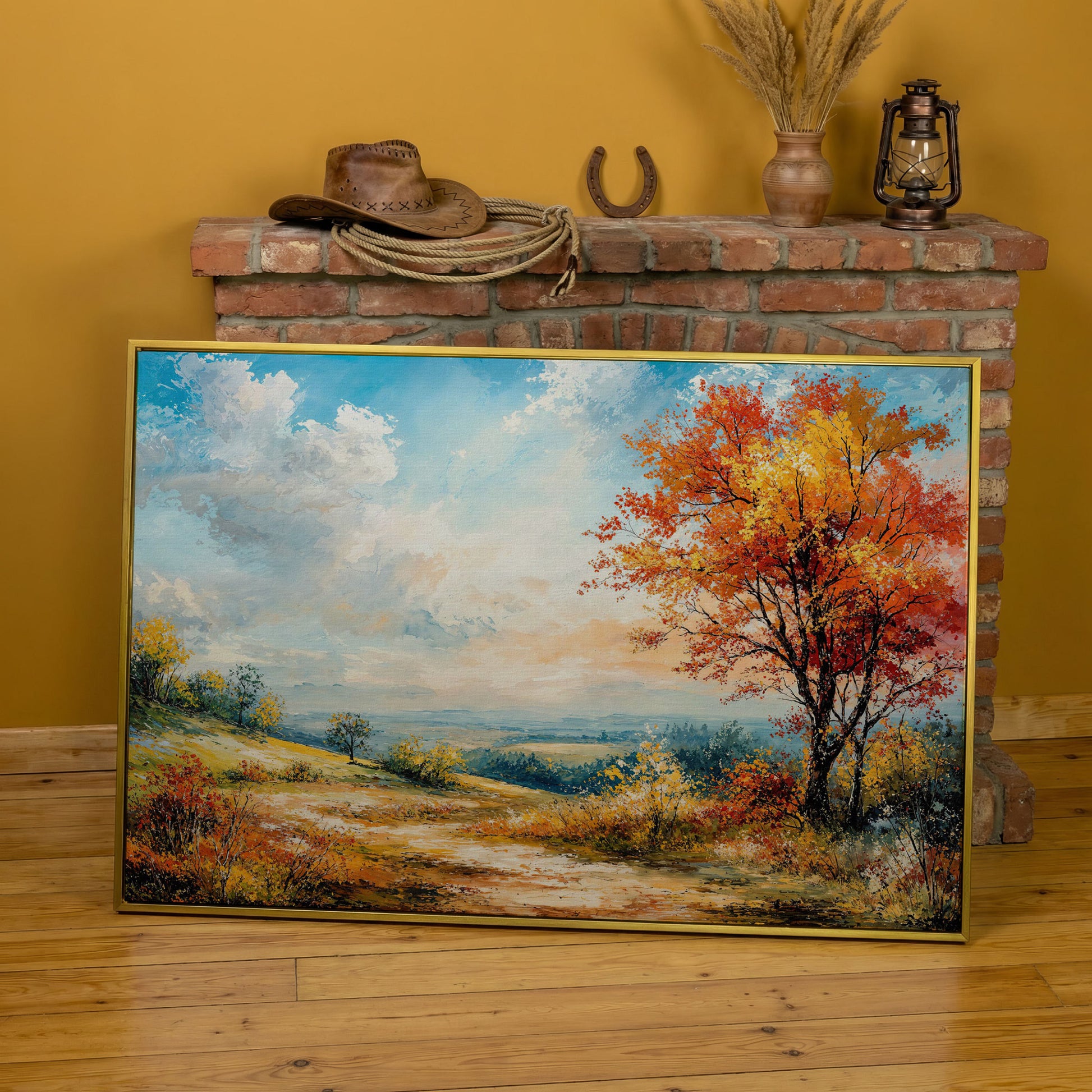 Autumn Hills Canvas Wall Art in yellow gold floating frame