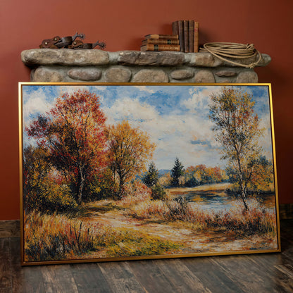 Autumn Lake with Forest Path Canvas Wall Art in antique gold floating frame