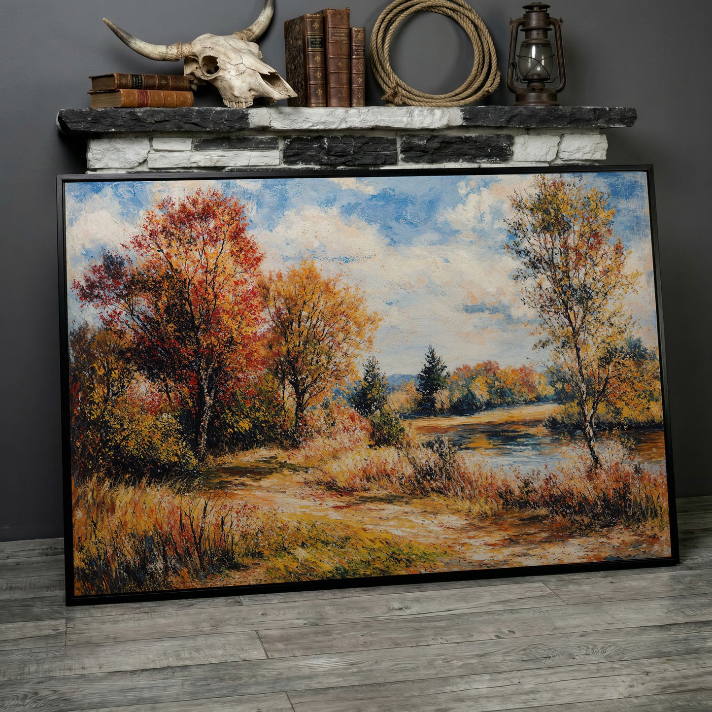 Autumn Lake with Forest Path Canvas Wall Art in black floating frame