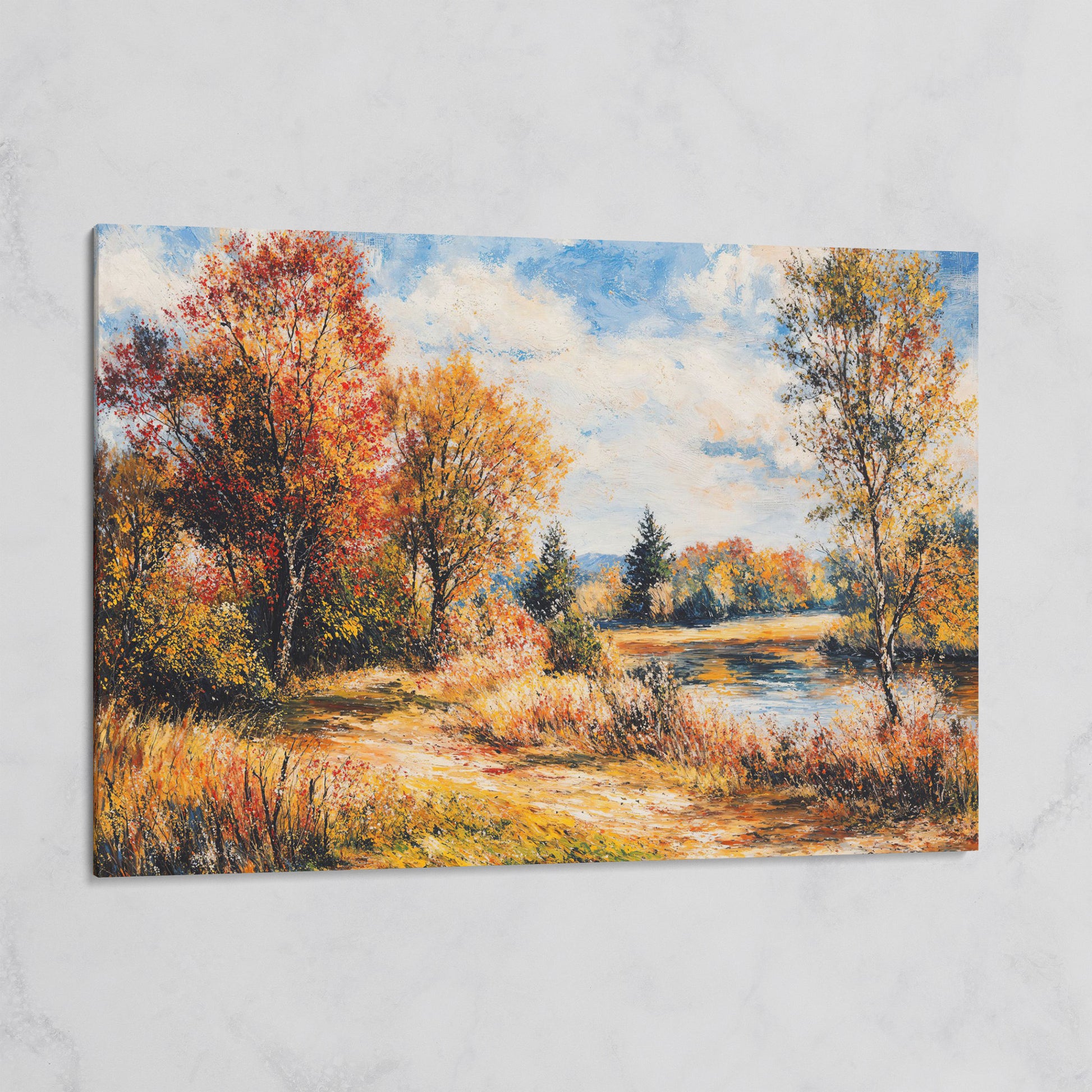 Autumn Lake with Forest Path Canvas Wall Art on gallery wrap