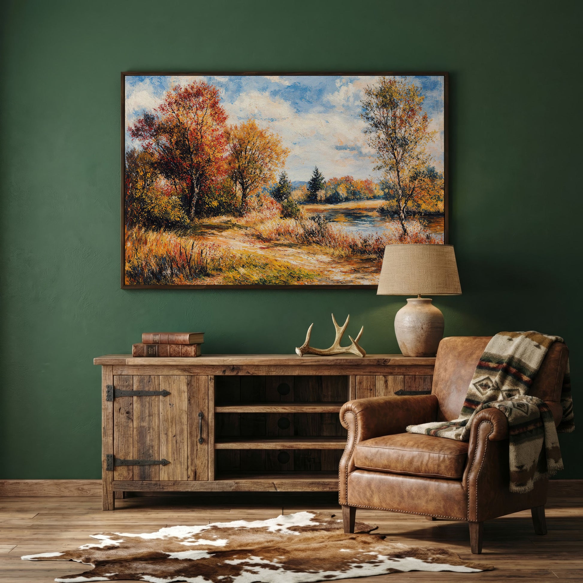 Autumn Lake with Forest Path Canvas Wall Art in dark walnut floating frame