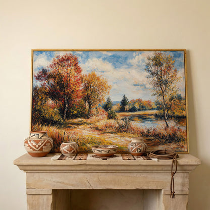 Autumn Lake with Forest Path Canvas Wall Art in white oak floating frame