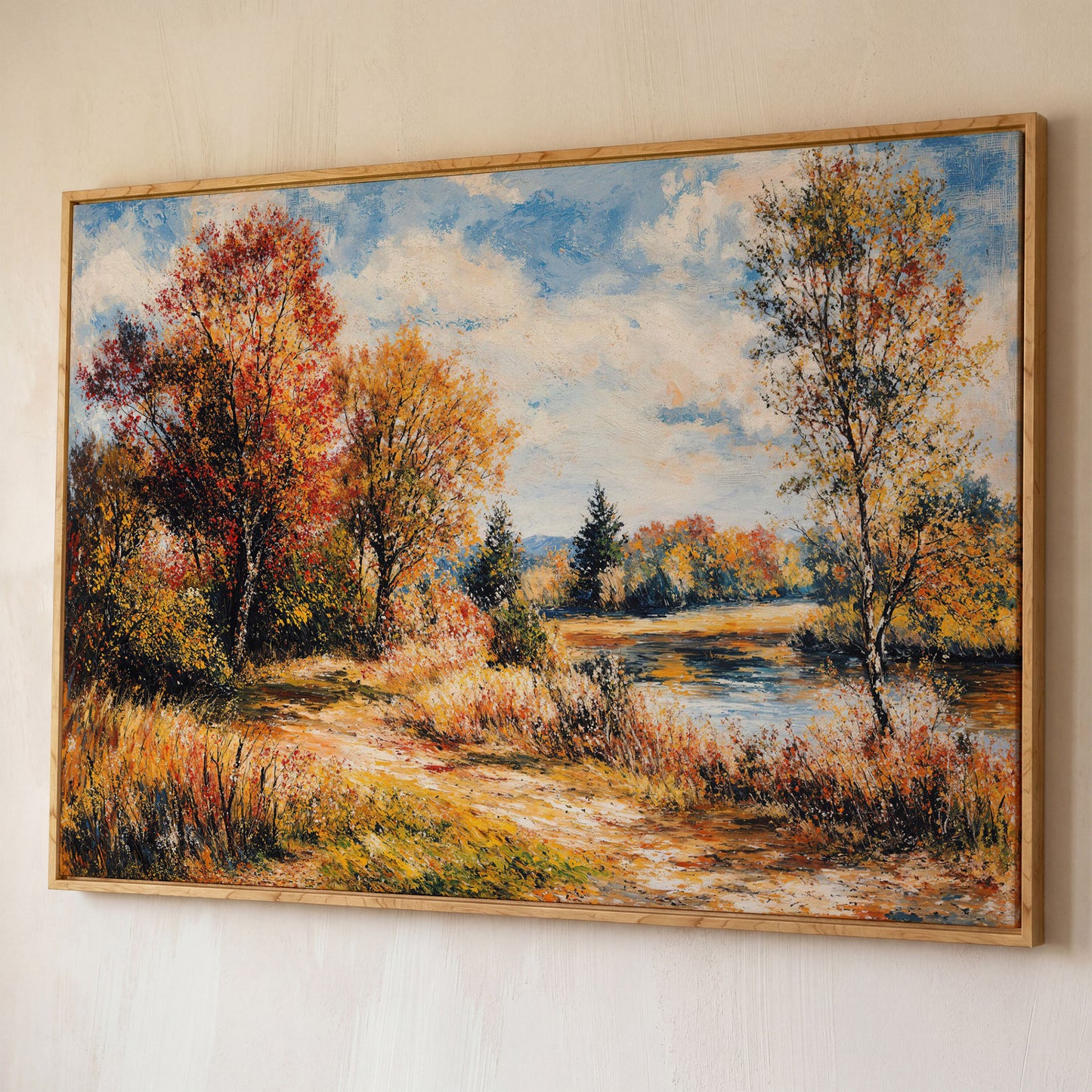 Autumn Lake with Forest Path Canvas Wall Art shown in white oak floating frame