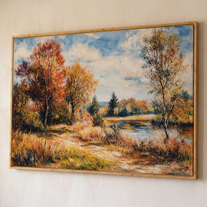 Autumn Lake with Forest Path Canvas Wall Art shown in white oak floating frame