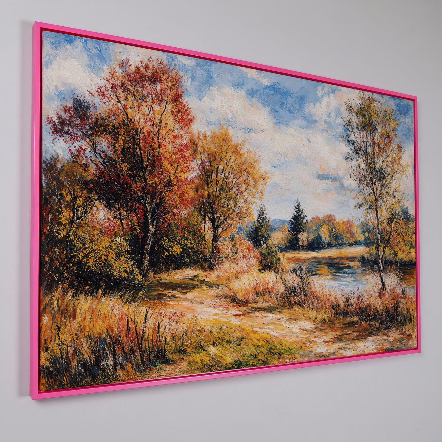 Autumn Lake with Forest Path Canvas Wall Art in pink floating frame
