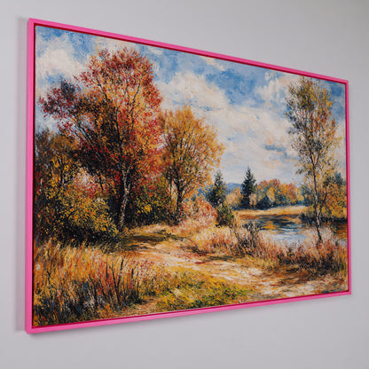 Autumn Lake with Forest Path Canvas Wall Art in pink floating frame
