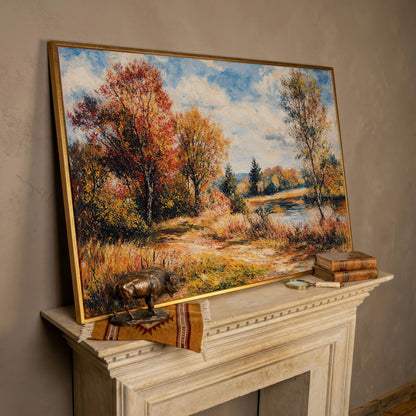 Autumn Lake with Forest Path Canvas Wall Art in rose gold floating frame