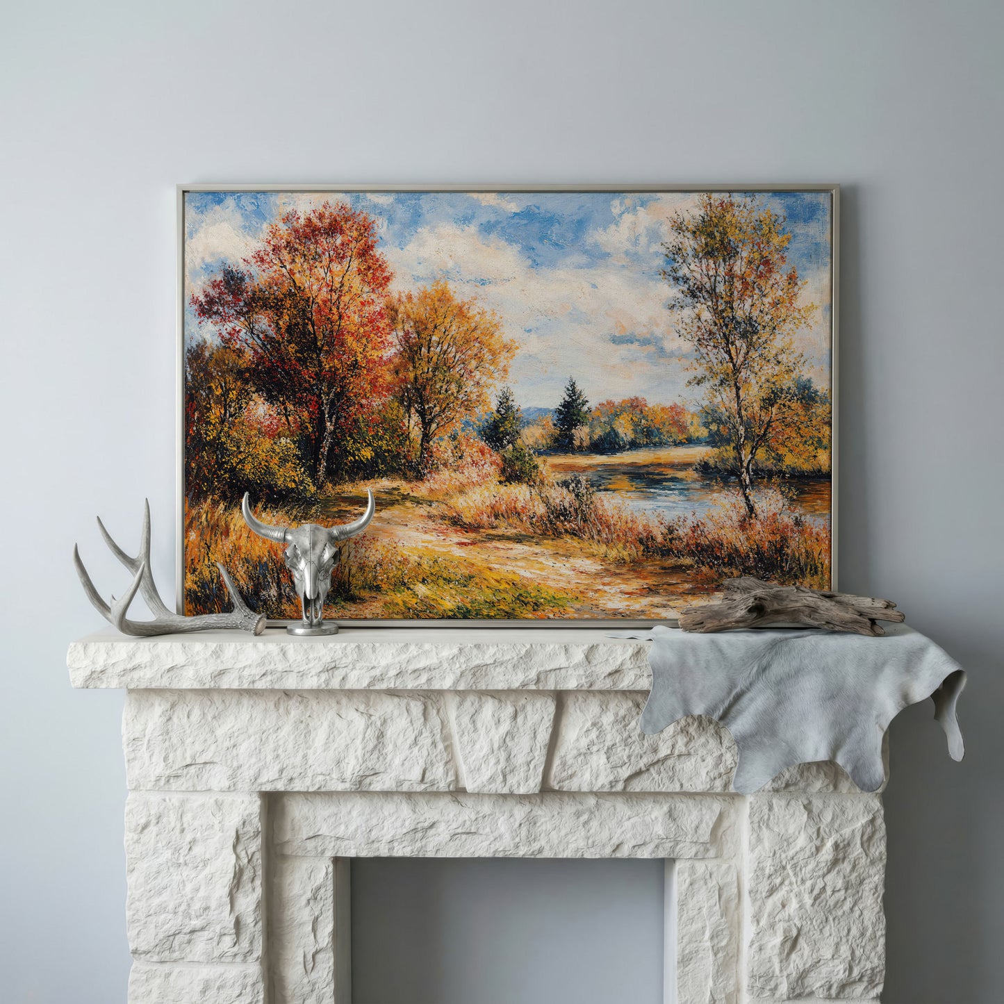 Autumn Lake with Forest Path Canvas Wall Art in silver floating frame