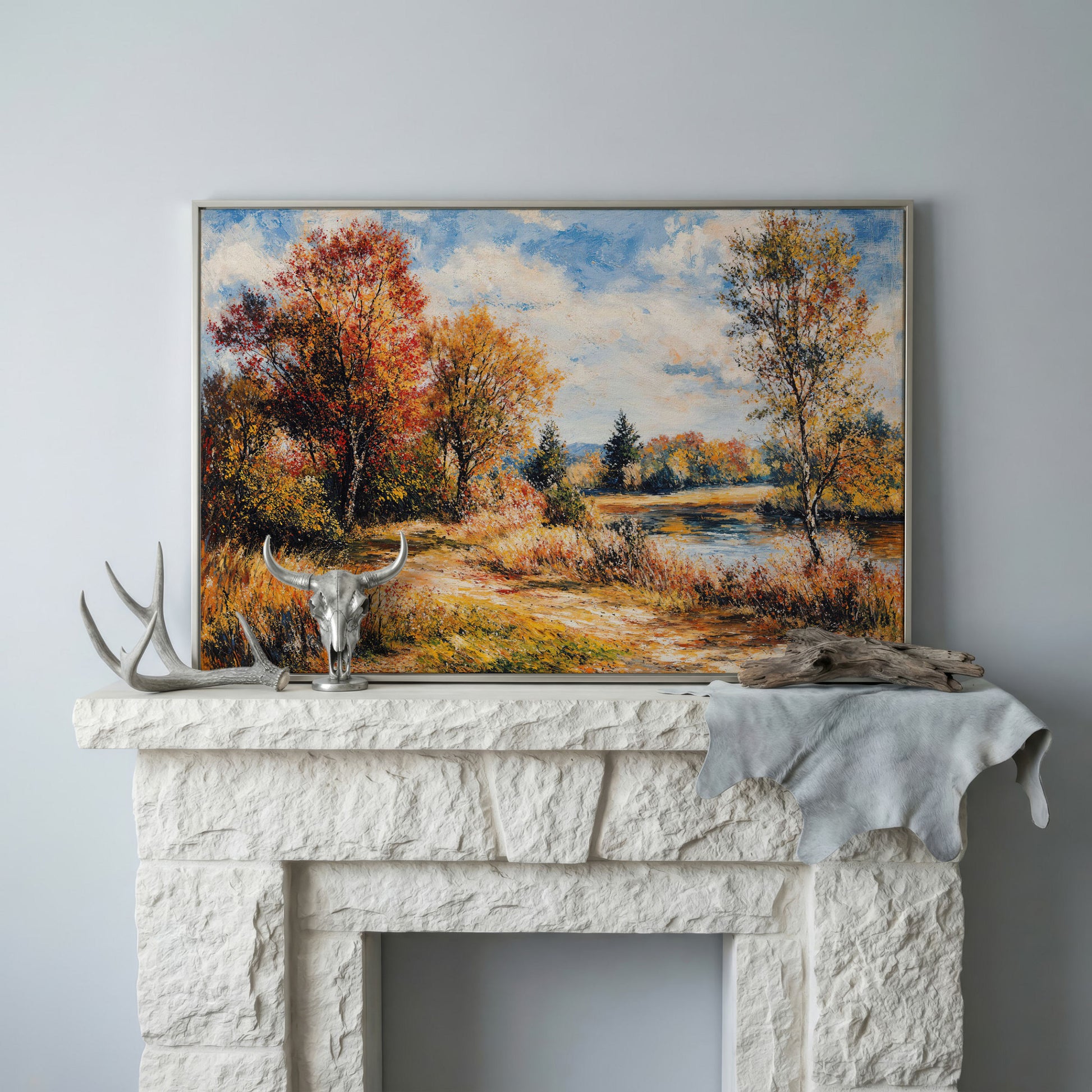 Autumn Lake with Forest Path Canvas Wall Art in silver floating frame