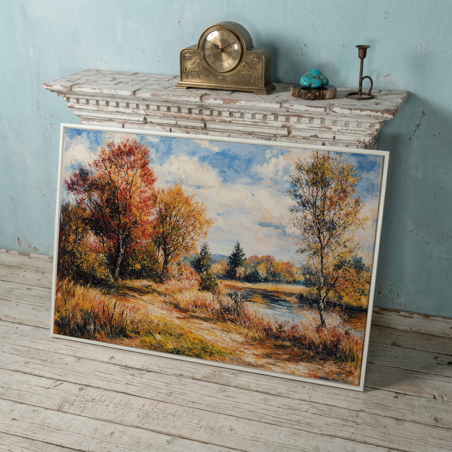 Autumn Lake with Forest Path Canvas Wall Art in white floating frame