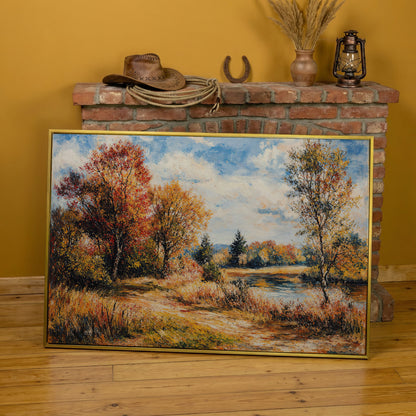 Autumn Lake with Forest Path Canvas Wall Art in yellow gold floating frame