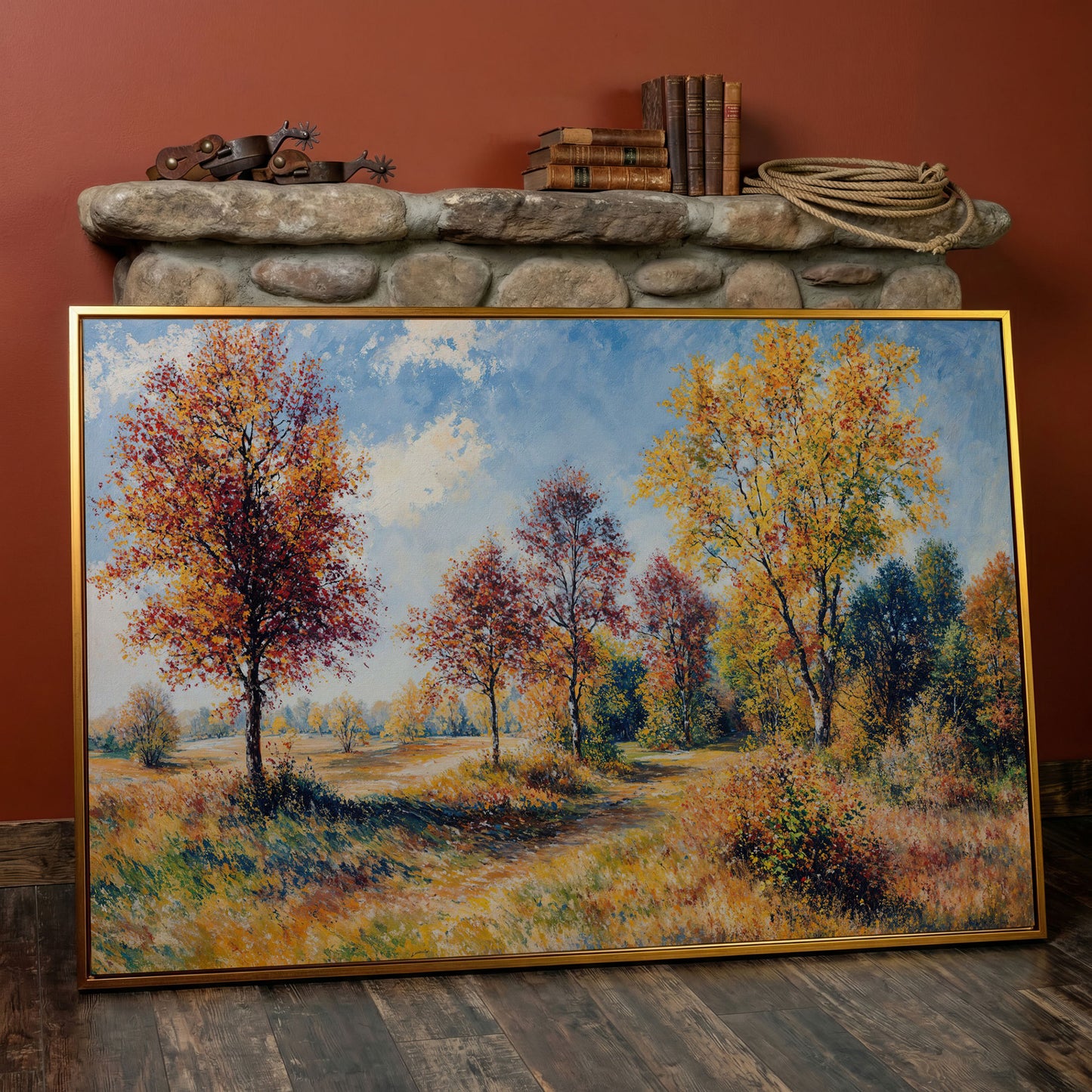 Autumn Forest Path Canvas in antique gold floating frame