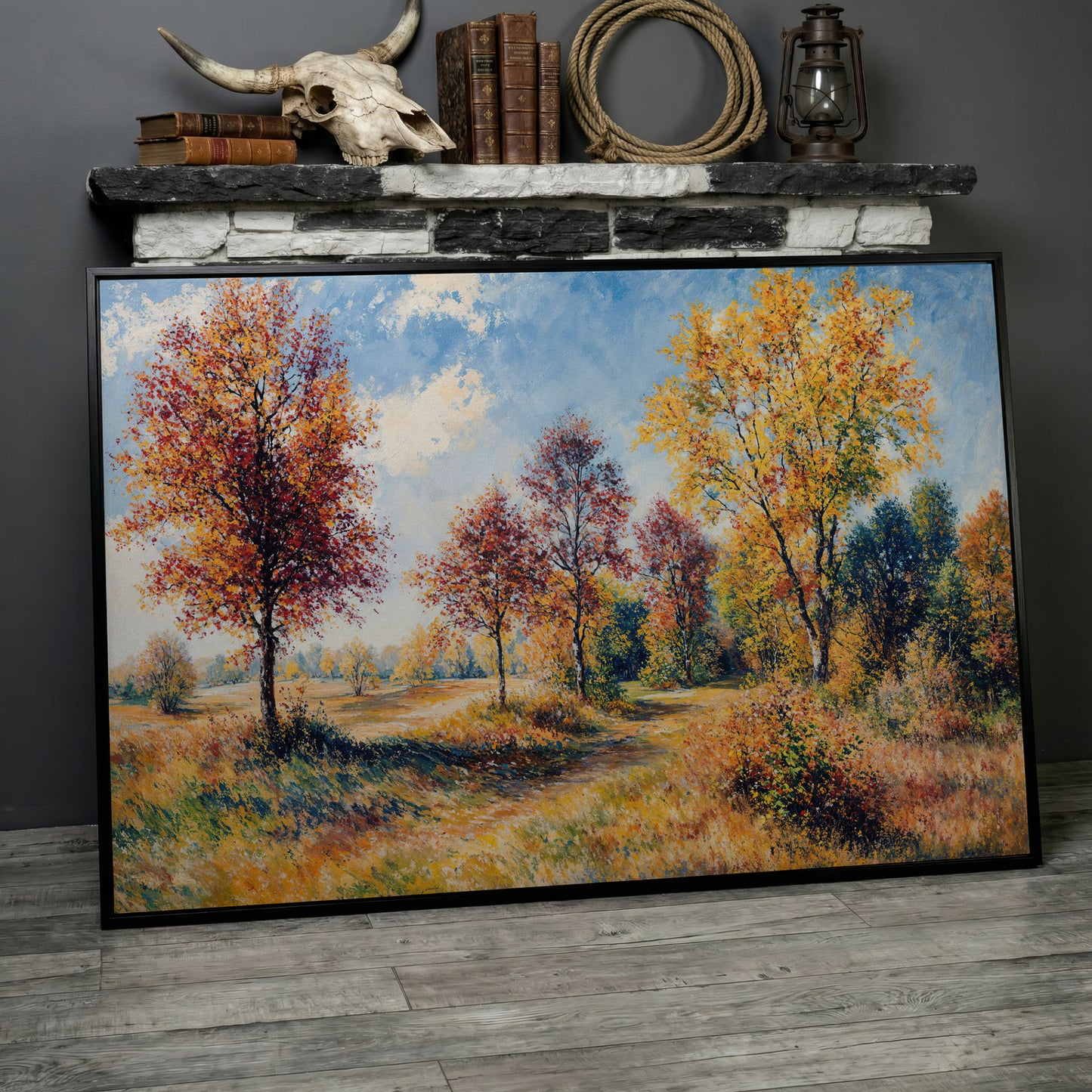 Autumn Forest Path Canvas in black floating frame