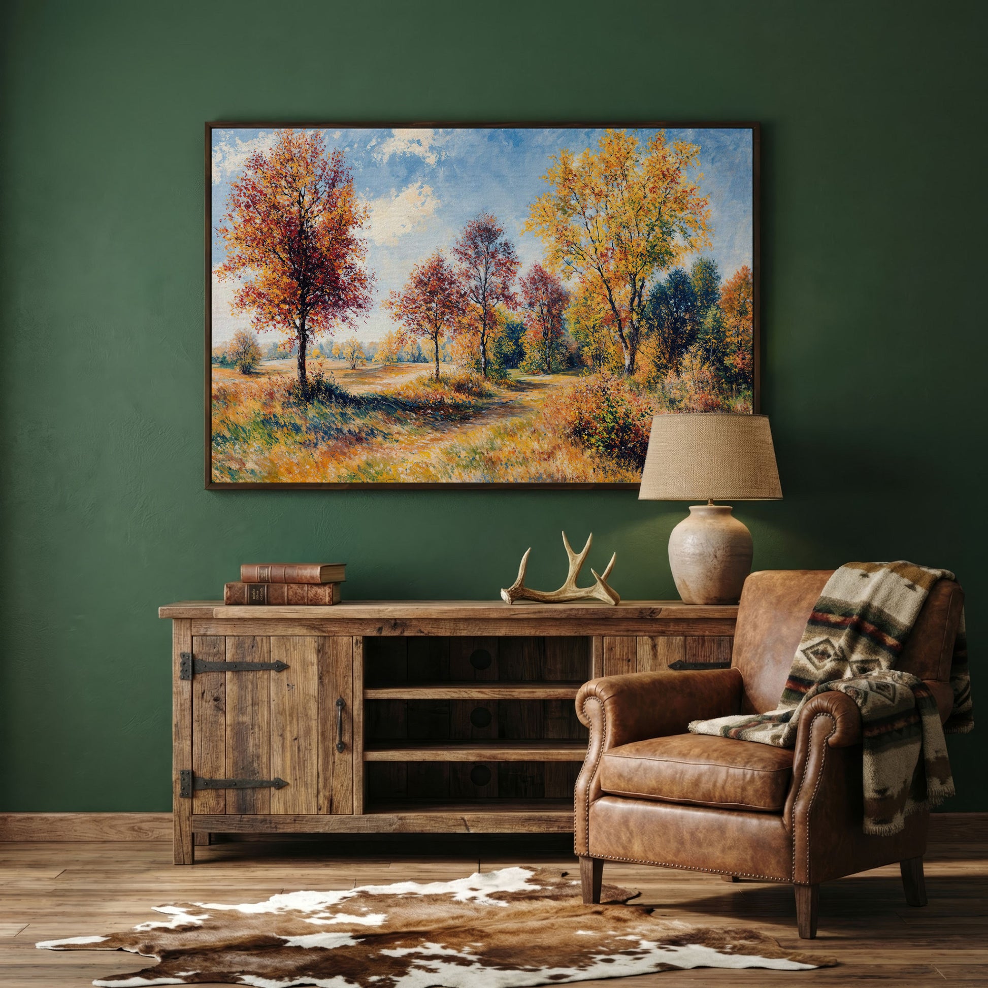Autumn Forest Path Canvas in dark walnut floating frame