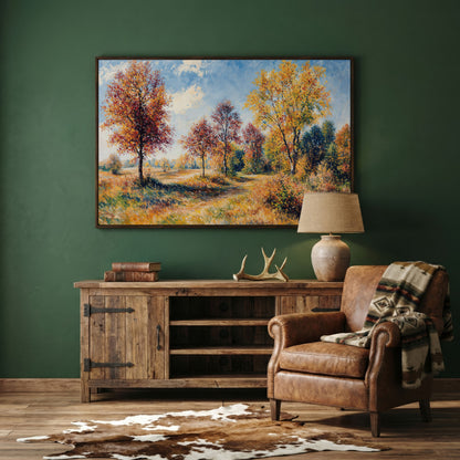 Autumn Forest Path Canvas in dark walnut floating frame