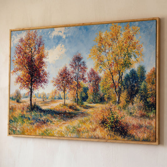 Autumn Forest Path Canvas shown in white oak floating frame