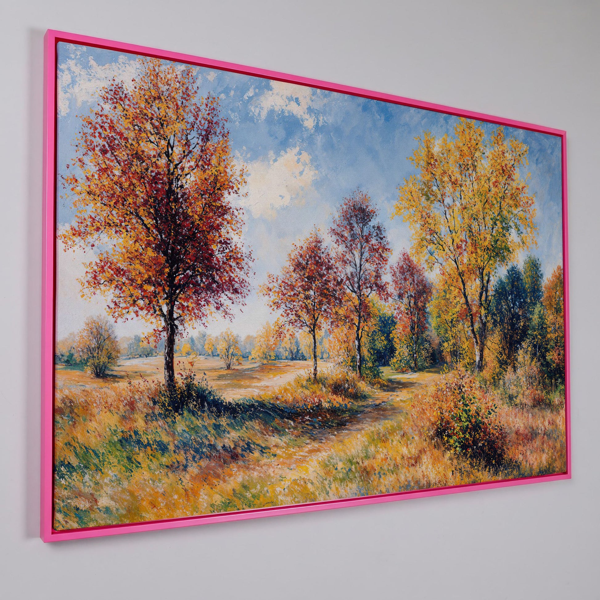 Autumn Forest Path Canvas in pink floating frame