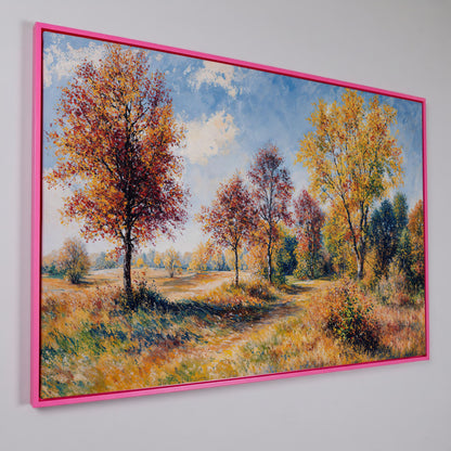 Autumn Forest Path Canvas in pink floating frame