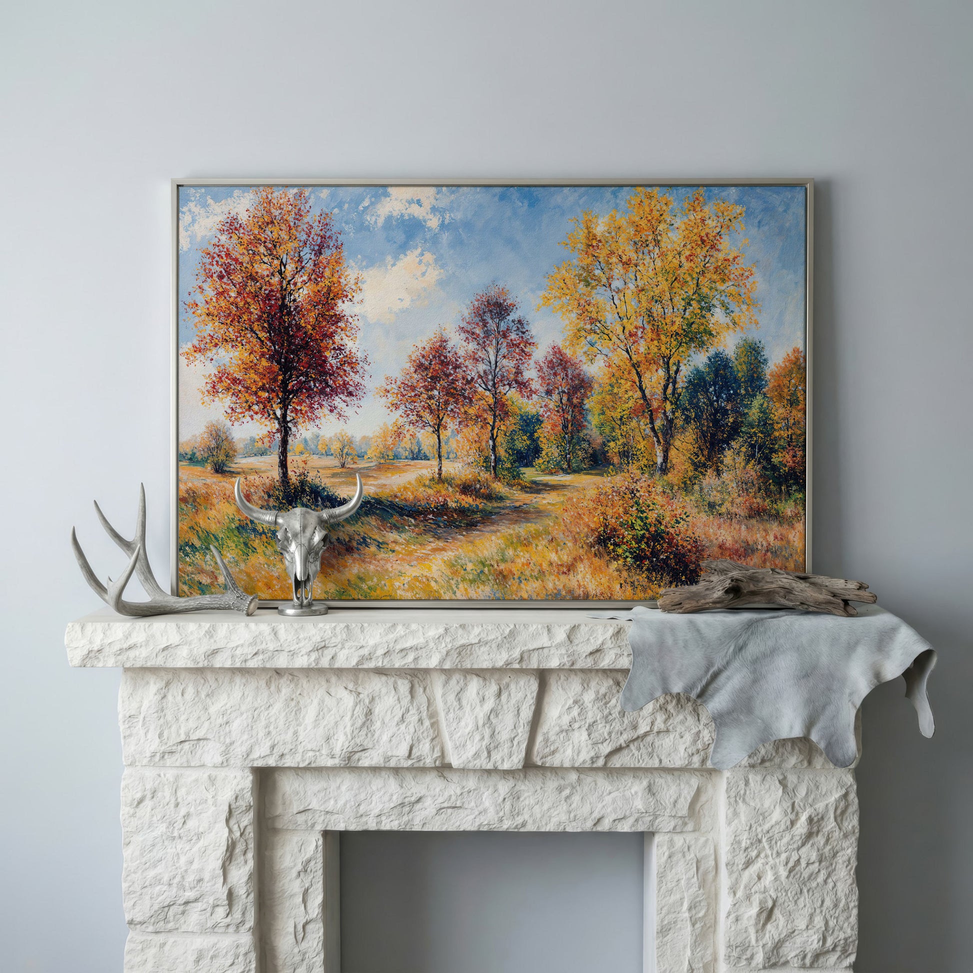 Autumn Forest Path Canvas in silver floating frame