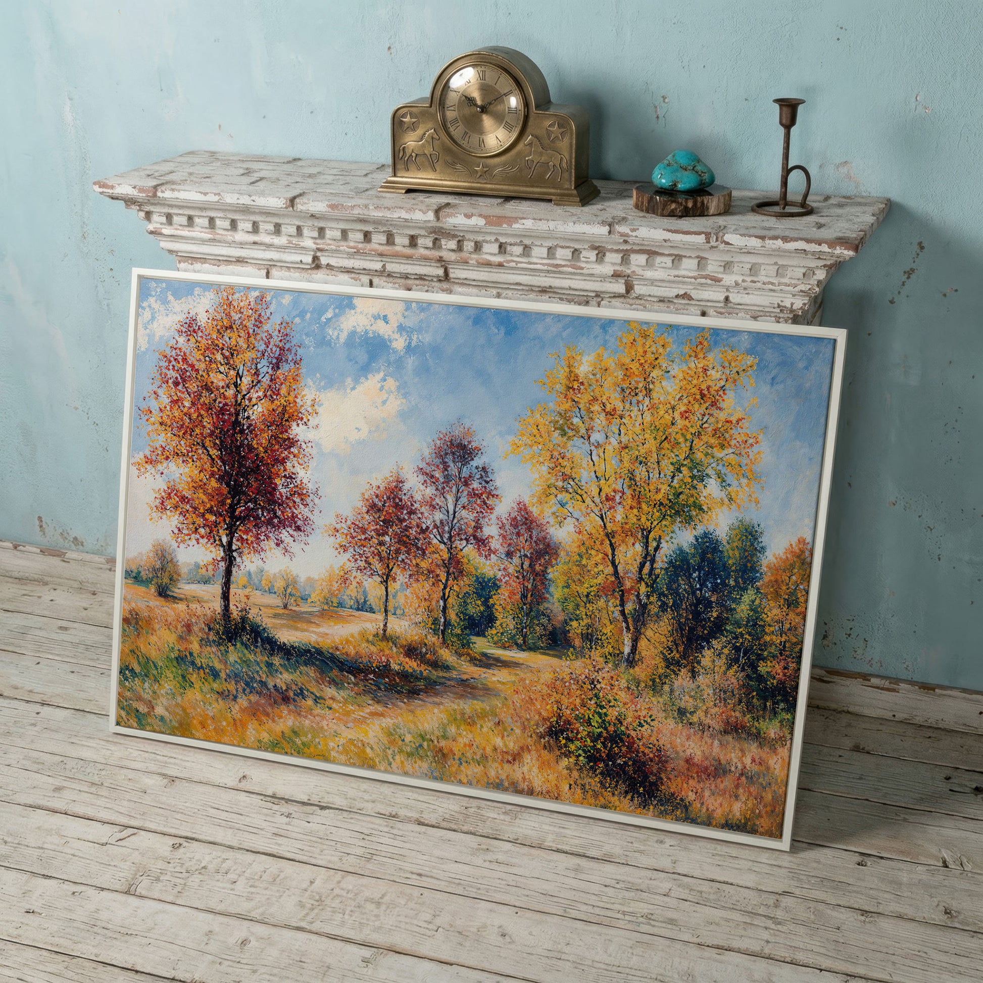 Autumn Forest Path Canvas in white floating frame