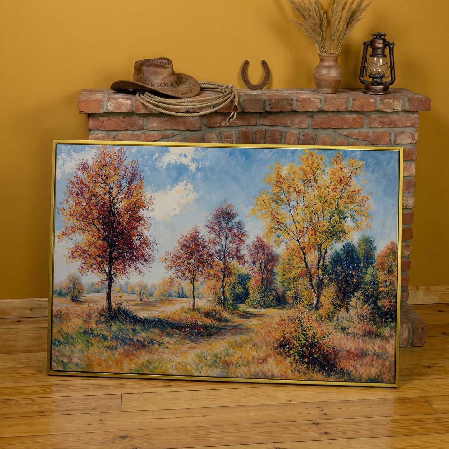 Autumn Forest Path Canvas in yellow gold floating frame