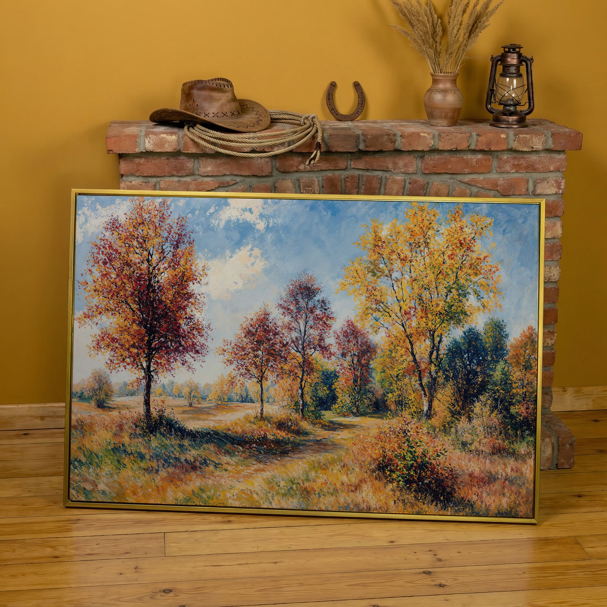 Autumn Forest Path Canvas in yellow gold floating frame