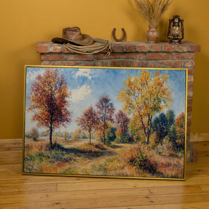 Autumn Forest Path Canvas in yellow gold floating frame