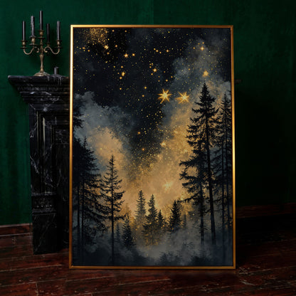 Mystical Forest Under Starry Sky Canvas in antique gold floating frame