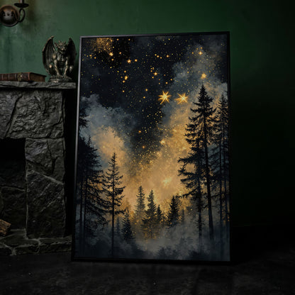 Mystical Forest Under Starry Sky Canvas in black floating frame