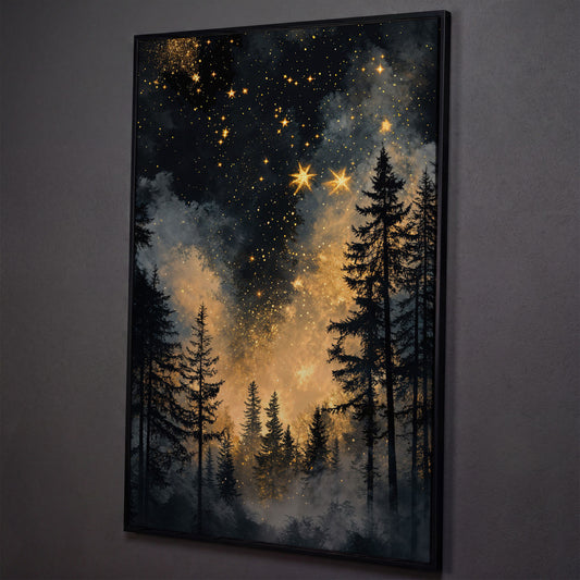 Mystical Forest Under Starry Sky Canvas shown in black floating frame