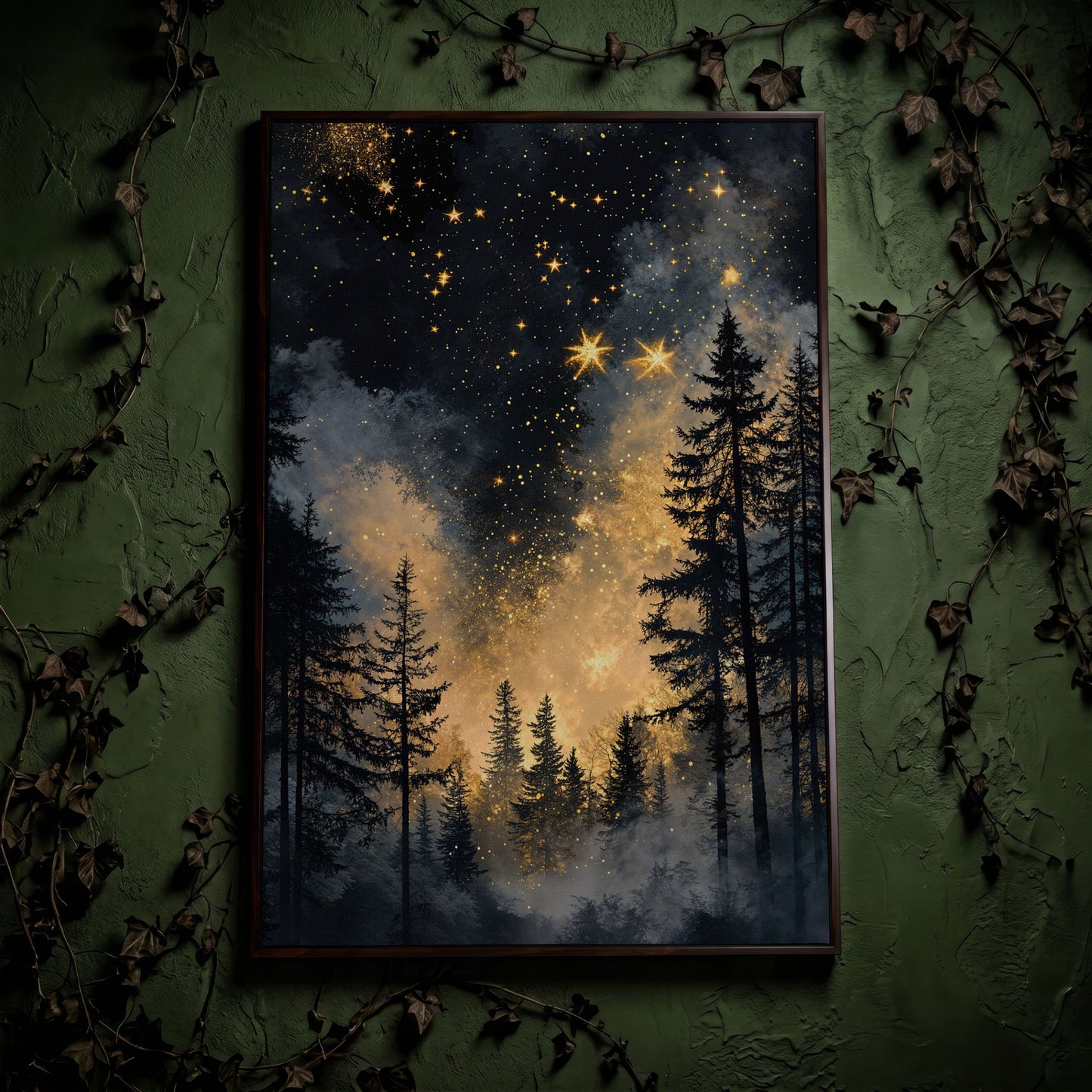 Mystical Forest Under Starry Sky Canvas in dark walnut floating frame