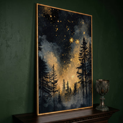 Mystical Forest Under Starry Sky Canvas in white oak floating frame