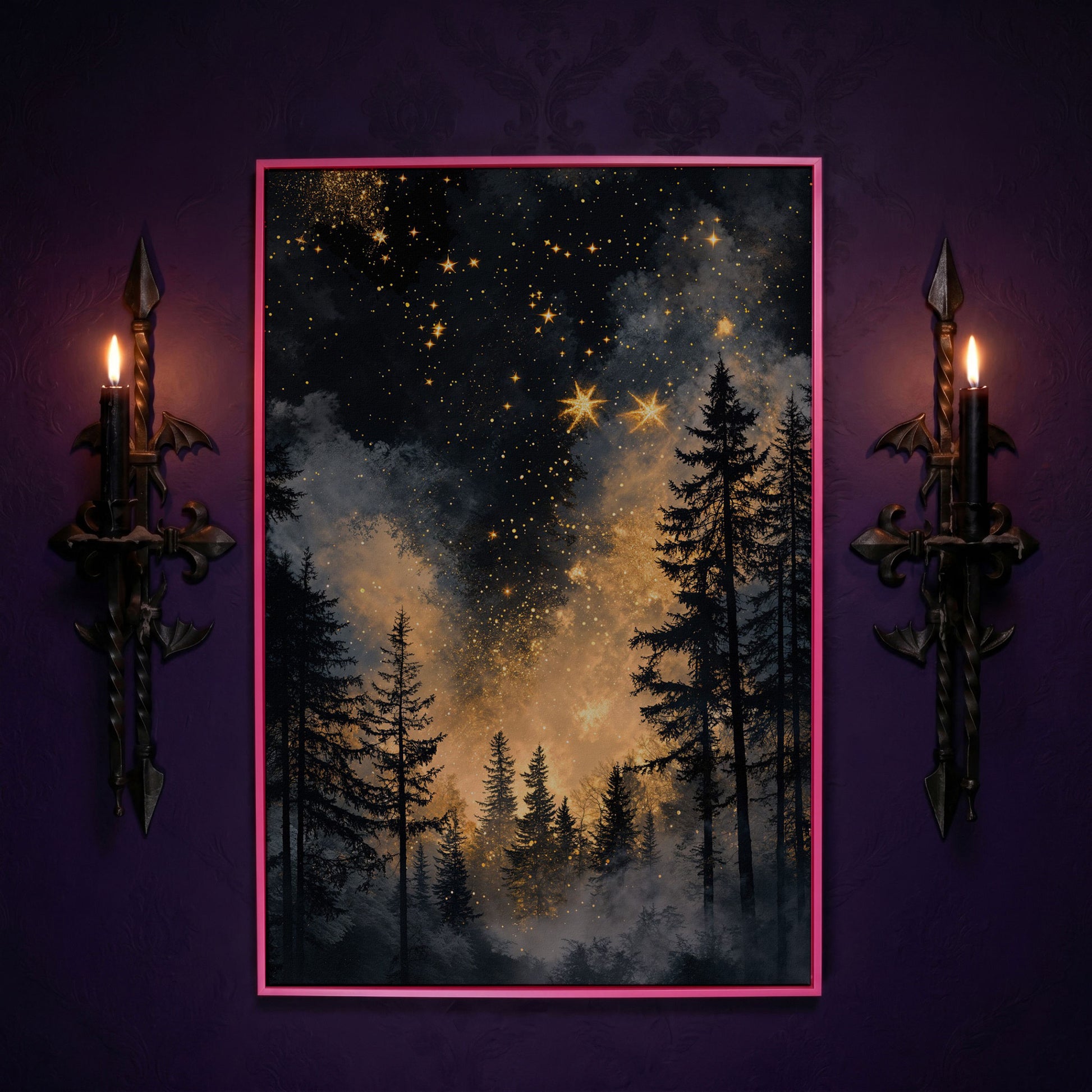 Mystical Forest Under Starry Sky Canvas in pink floating frame