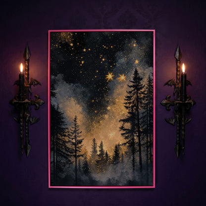 Mystical Forest Under Starry Sky Canvas in pink floating frame