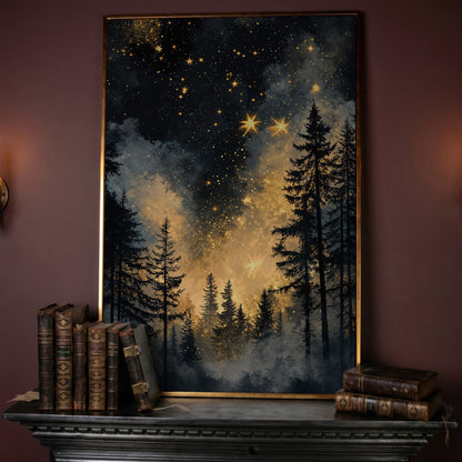 Mystical Forest Under Starry Sky Canvas in rose gold floating frame