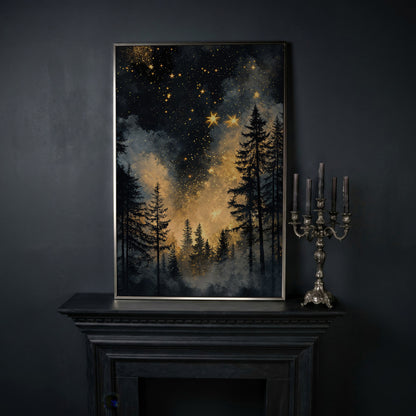 Mystical Forest Under Starry Sky Canvas in silver floating frame