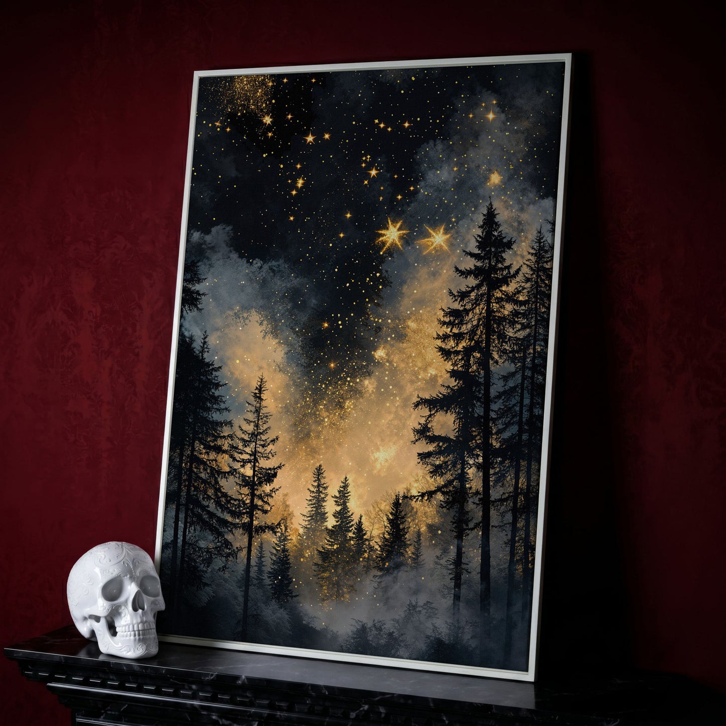 Mystical Forest Under Starry Sky Canvas in white floating frame
