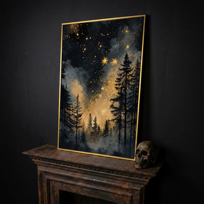 Mystical Forest Under Starry Sky Canvas in yellow gold floating frame