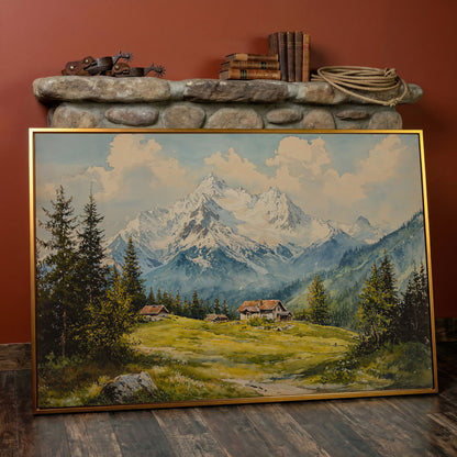 Serene Mountain Village Canvas Wall Art in antique gold floating frame