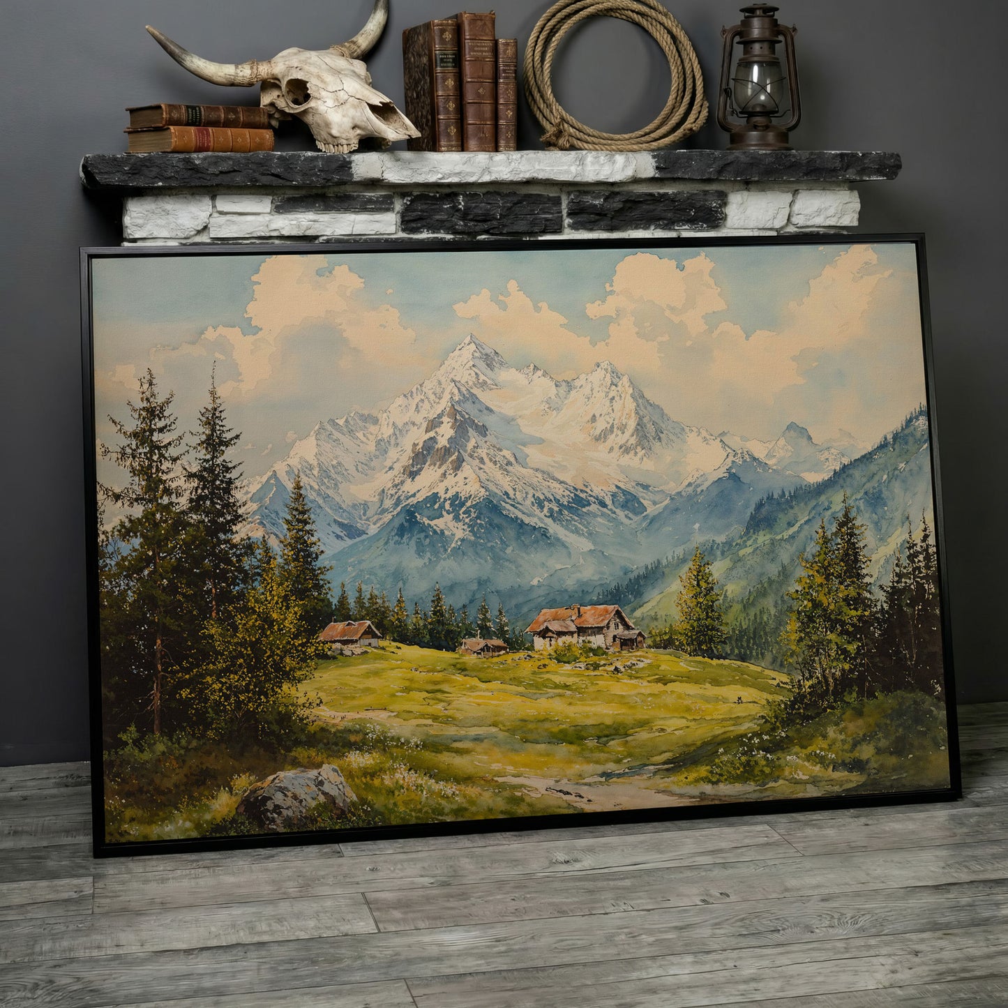 Serene Mountain Village Canvas Wall Art in black floating frame