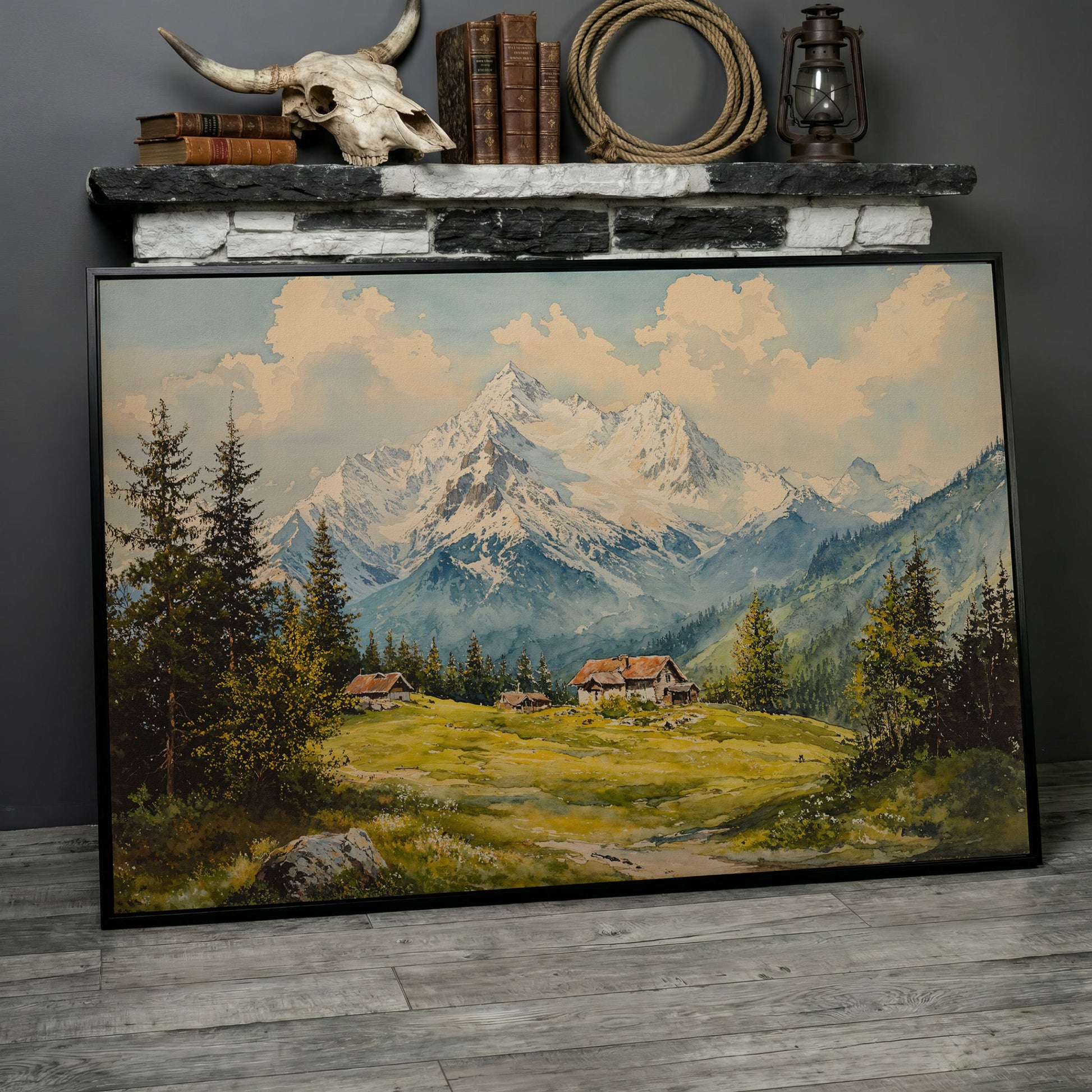 Serene Mountain Village Canvas Wall Art in black floating frame