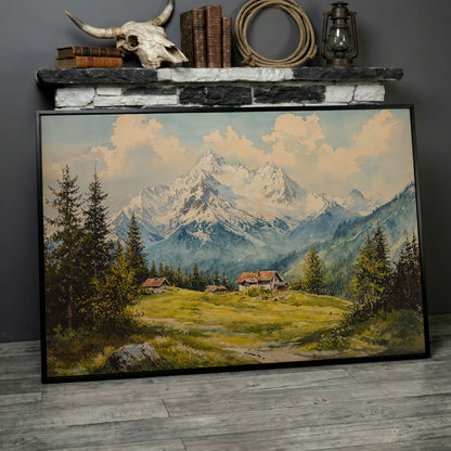 Serene Mountain Village Canvas Wall Art in black floating frame